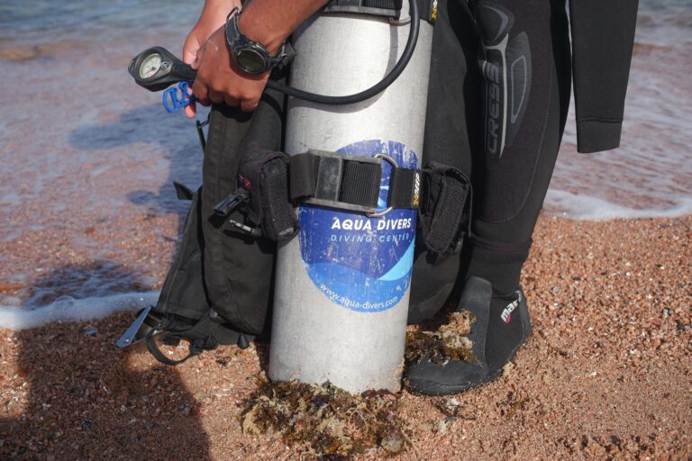 Scuba diver getting ready with tank and gear on a sandy beach shore, aquatic exploration.